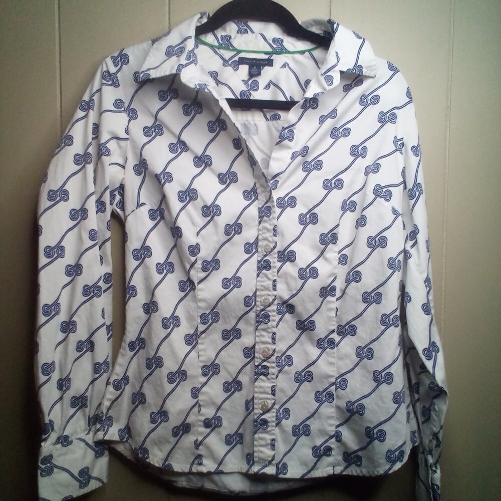 Tommy Hilfiger Shirt Blouse M Button Up Long Sleeve White Blue